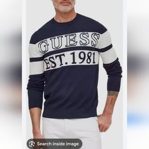 GUESS Men's Navy and White Sweater